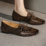 KYLETHOMASW  -  Women's genuine leather patchwork square toe lace-up flats loafers high quality soft comfortable casual female daily shoes woman