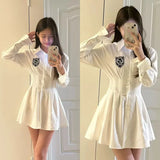 KYLETHOMASW  -  2024 New Autumn Korean College Style Dress Women Casual Polo Collar Waist White Shirt Short Dresses Elegant Long Sleeves Dresses