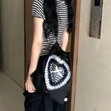 KYLETHOMASW  -  Lace Plaid Love Heart Mochilas Mujer Sweet Cute Bow Mochila Drawstring Bag Portable Lightweighte Backpack Y2k Bags for Woman