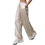 KYLETHOMASW  -  Women Satin Silk Lace Trim Pants Y2k High Street Elastic Waist Wide Leg Pj Lounge Boxer Bottoms Trendy Causal Trousers