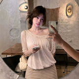 KYLETHOMASW  -  French Style Lace Trim Long Sleeve One Shoulder T-Shirt Women Summer Sun Protection Ruffle Casual Versatile Pure Desire Style