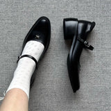KYLETHOMASW  -  Women Shallow Mouthed Mary Jane Shoes Thick Heel with A Single Button Women Leather Shoes Metal Decorative Leisure Flat Shoes