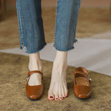 KYLETHOMASW  -  Square Toe Brown leather mary janes shoes woman retro ankle strap flats shallow mouth moccasins comfy ballerina shoes for woman