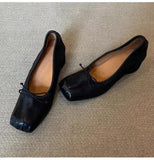 KYLETHOMASW  -  Retro Square toe folding Bowknot Soft Leather Women Pumps Ballet Style Thick High heels Casual Chunky Loafer Shoes