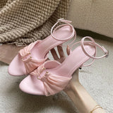 KYLETHOMASW  -  Fashion Women Pink Mesh Ruched High Heel Sandals Ankle Strap Stiletto Heel Open Toe Party Dress Shoes