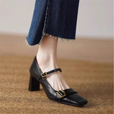 KYLETHOMASW  -  Metal Buckle Decoration Mary Jane Shoes Women Comfortable Leather High Heels Elegant Chunky Heel Women Pumps Zapatos De Mujer