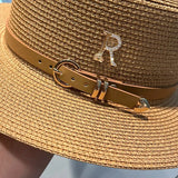 Kylethomasw New Metal R Letter Buckle Flat-Top Straw Hat Leisure Summer Sunscreen Hat Women's Fashionable Seaside Beach Hat Vintage Hat