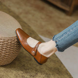 KYLETHOMASW  -  Square Toe Brown leather mary janes shoes woman retro ankle strap flats shallow mouth moccasins comfy ballerina shoes for woman