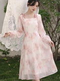 KYLETHOMASW  -  Elegant Party Long Dresses Spring Fairycore Dress Pink Bow Lace-up French Style Square Neck Fairy Dresses Female Cloting New
