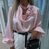 Kylethomasw Commuter Lady Elegant V-neck Draped Blouses Spring Flower Design Satin Top Pullover Autumn Long Sleeve Button Women Shirts Mujer