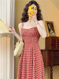 Kylethomasw Elegant Plaid Midi Dress Women French Vintage Spaghetti Strap A-line Spring Summer Holiday Beach Style Prom Robe Vestidos Mujer