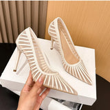 KYLETHOMASW  -  Fashion Mesh Women's Pumps New Pointed Toe Stiletto Slip-on Stripe Totem Female Sandals Classics Shallow Summer Ladies Shoes