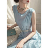 KYLETHOMASW  -  French Chic Beautiful Dresses Temperament Celebrity High End Muse Blue Vest Dress High Street Goddess Gentle Vestido