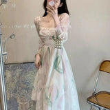 KYLETHOMASW  -  Chiffon Dresses Women Puff Sleeve Spring Summer Print Floral Vestidos Mujer French Style Vintage Sweet Long Dress
