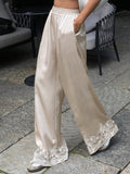 KYLETHOMASW  -  Women Satin Silk Lace Trim Pants Y2k High Street Elastic Waist Wide Leg Pj Lounge Boxer Bottoms Trendy Causal Trousers