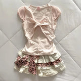 KYLETHOMASW  -  Sweet Pink V-neck Bow Short Sleeve T-short for Women+ Y2k High Waist Ruched Cake Skirts 2025 Summer New Two Piece Sets