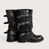 KYLETHOMASW  -  Vintage Soft Leather Belt Strap Buckle Mid-Calf Women Motorcycle Boots Fashion Thick High heels Autumn Winter Knight Booties