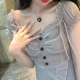 KYLETHOMASW  -  Women Stylish Vintage Ruffle Lace-up Sexy Slit Fairy Midi Dress Casual Sweet Chic Solid Short Sleeve Slim Party Dresses Vestidos