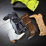 KYLETHOMASW  -  Women's Slouchy Knee High Boots Pointed Toe Buckle Straps Western Cowboy Style Chunky Heel Fashion Ruched Autumn/Winter Footwear