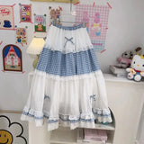 KYLETHOMASW  -  Cute Mori Girl Style Summer Bow Ruffle Plaid A-Line Maxi Skirt Korean Fashion Kawaii High Waist Picnic Long Skirts for Women