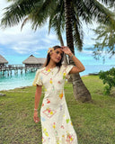 KYLETHOMASW  -  French Elegant Floral Print Short Dress Women Holiday Sleeved Fashion Ladies Midi Dress