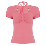 KYLETHOMASW  -  Fashion Solid Halter Beading Slim Fit Causal Women T-Shirts Chic Y2k Simple All-Match Summer New Blouses