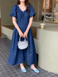KYLETHOMASW  -  Women Dress Korean Chic Summer Retro Temperament V-neck Pleated Waist Slim Double Pocket Bubble Sleeve Denim Vestidos