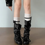 KYLETHOMASW  -  Vintage Flats Women Western Cowboy Boots Fashion Ladies Square Toe Pleated Knight Mid Calf Booties