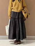 KYLETHOMASW  -  Vintage Skirts Women Plaid Ruffles Patchwork Stretch High Waist Loose Vintage Fashion Sweet Elegant Long Skirt Casual