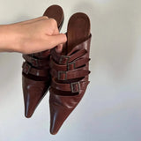 KYLETHOMASW  -  Summer New Women's Brown Wrap Toe Pointed Toe Flat Genuine Leather Belt Buckle Vintage Ladies Outdoor Office Daily Slippers