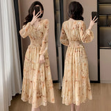 KIylethomasw Fashion Retro Spring Flower Print Chiffon Holiday Dress French Women V Neck High Elastic Waist Puff Sleeve Floral Midi Vestidos