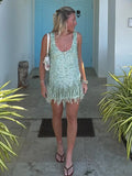 KYLETHOMASW  -  Sequined Short Dress Women Sexy Square Collar Tassels Slip Sleeveless Patchwork A-line Party Dresses Charming Ladies Streetwear