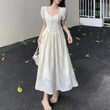KYLETHOMASW  -  Women Summer Vintage Sweet Chic High Waist Elegant Party Dresses Fairy Solid Short Sleeve Slim Lace-up Beach Maxi Dress Vestidos