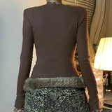 KYLETHOMASW  -  American style basic lace half open collar button chest revealing base top brown ribbed simple slim fit versatile T-shirt