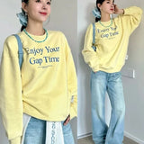 KYLETHOMASW  -  Women Yellow O Neck Long Sleeve Sweatshirt Loose Lazy Casual Classic Simple Top Vintage American Streetwear Harajuku Y2K Hoodie