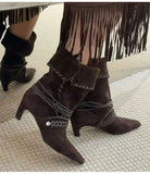 KYLETHOMASW  -  Autumn Winter Faux Suede Weave Lace-up Women Motorcycle Boots Fashion High heels Chelsea Western Mid-Calf Short Booties Shoes