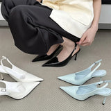 Kylethomasw Elegant Slingbacks Thin High Heels Women Sexy Pointed Toe Buckle Strap Women Pumps Blue Fashion Party Dress Shoes Heeled Sandals