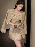 KYLETHOMASW  -  Gold Tweed 2 Piece Suit Jacket for Women  Autumn Winter Luxury Designers Elegant Wool Coat + Strap Mini Dress Korean Fashion