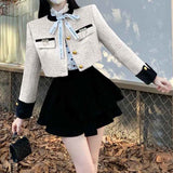 KYLETHOMASW  -  Women Two Piece Outfits Spring Autumn Vintage Fashion Elegant Luxury Coat Tweed Chic Slim Jacket Sexy High Waist Mini Skirt