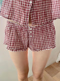 KYLETHOMASW  -  Red Plaid Ruffles Shorts Woman Summer Buttons Bow Elastic Low Waist Cotton Straight Pant Casual Sweet Preppy Style Short Pants
