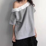 KYLETHOMASW  -  Ruffles Y2k T Shirt for Women Slash Neck Spring Summer Retro Sweet Ropa De Mujer Korean Fashion Loose T-shirts