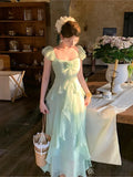 KYLETHOMASW  -  French Vintage Summer Green Elegant Sexy Evening Party Long Dress Women Sleeveless Backless Vacation Ruffles Slip Fairy Dress