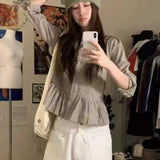 KYLETHOMASW  -  Korean Chic Autumn Plaid Shirt Women Long Sleeve Peter Pan Collar Ruffled Loose Single Breasted Blouse Retro Blusas Mujer