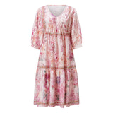 KYLETHOMASW  -  Women Loose Floral Print Dress Spring Summer 3/4 Sleeve V-Neck Midi Dress Bohemian Party Vacation Dresses