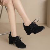 KIylethomasw Spring New 2024 Ladies Retro Pumps Classics Flock Lace Up Office Round Toe Block High Heel Shoes Female Size 33-43 Black Brown