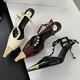 Kylethomasw Metal Pointed Toe Thin High Heels Women T-Strap Pearl Elegant Party Dress Shoes Ladies Fashion Designer Pumps Women Sandals