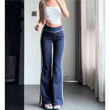 KYLETHOMASW  -  Retro Slim Fit Striped Wide Leg Pants Women's Casual Style Low Waist Long Trousers Polyester Fiber Straight Body Type