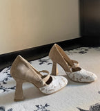 KYLETHOMASW  -  khaki Suede Lace Patchwork Mary Jane Pumps Retro Floral Lace Overlay Ankle Strap Block Heel Elegant Women's High Heels