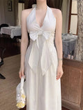 KYLETHOMASW  -  French Vacation Style Hanging Neck Striped Vest Dress Women Summer New Design Butterfly Bow Long Dresses