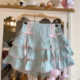 KYLETHOMASW  -  Women High Waist Bow Lace-up Fairy Y2k Aesthetic Cute Cake Mini Skirts Japanese Harajuku Girls Kawaii Lace Pleated Skirts